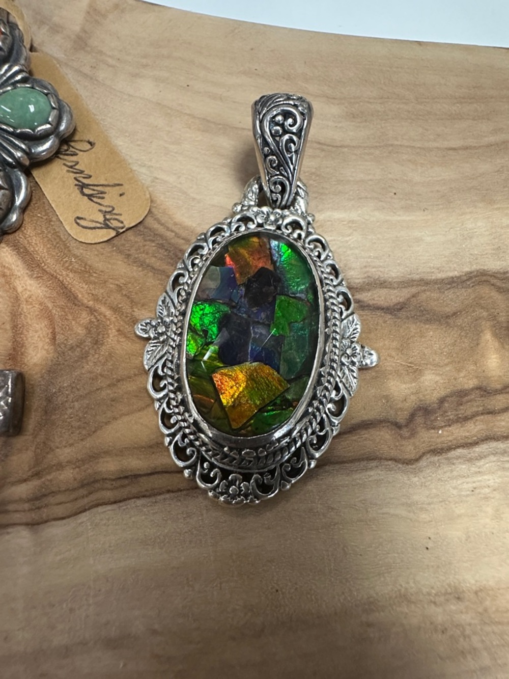 Silver Filigree Pendant with Iridescent Green and Gold Mosaic Stone